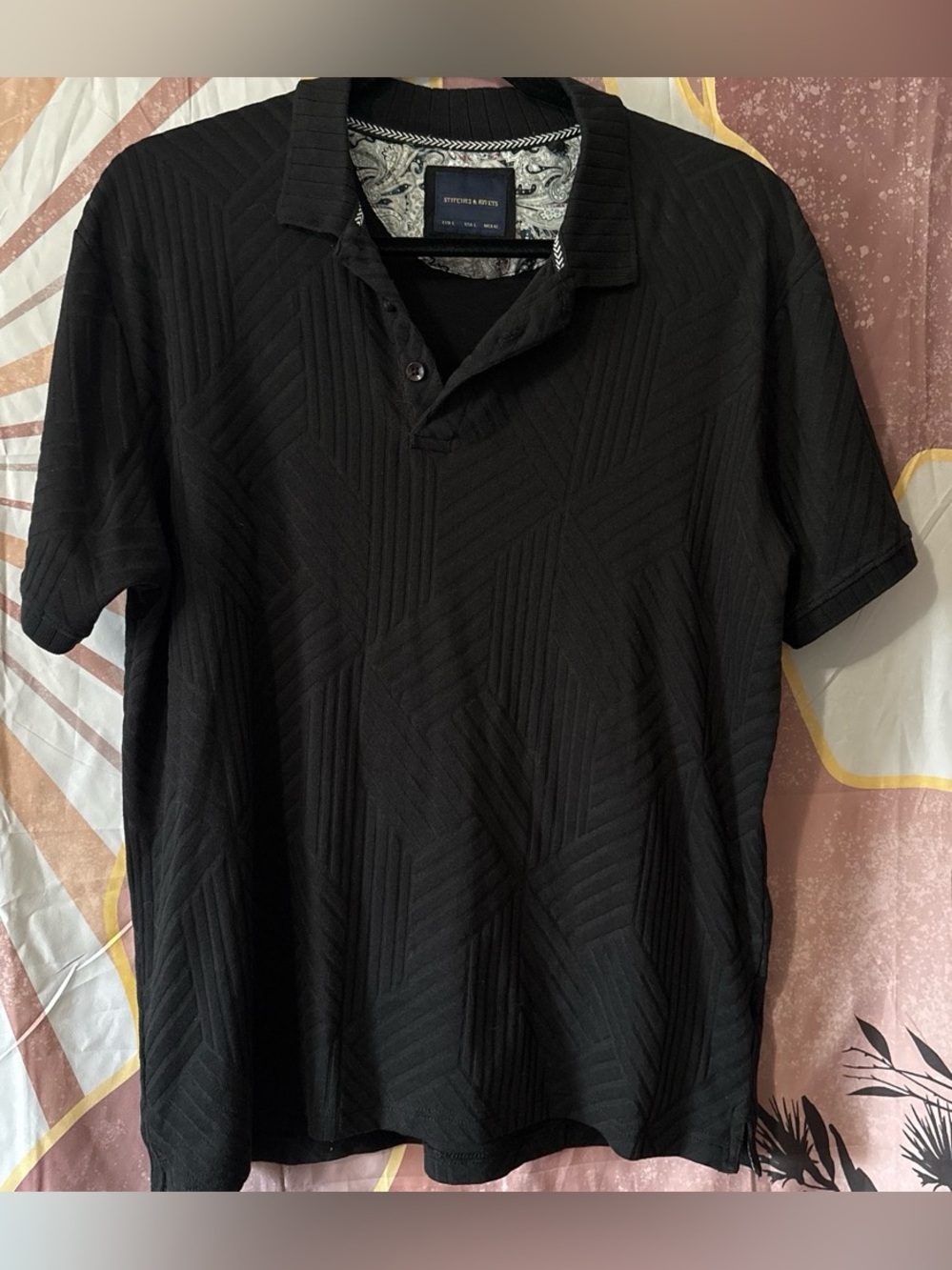 Stitches & Rivets size L black polo texturized jacquard knit fabric soft